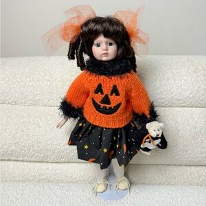 Rare‎ Vintage Handmade Porcelain Halloween Doll Pumpkin Sweater, Bear & Stand